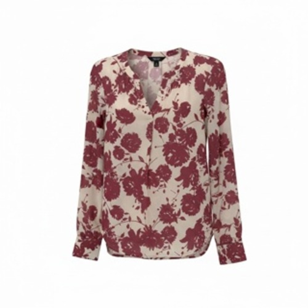 Simply‎ Vera Vera Wang Floral Blouse Womens XS Burgundy Cream Long Sleeve Top